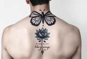 butterfly with cracked wings and lotus flower with quote that says “she wore her scars like wings” all down spine but very elegant towards lower back and small tattoo idea