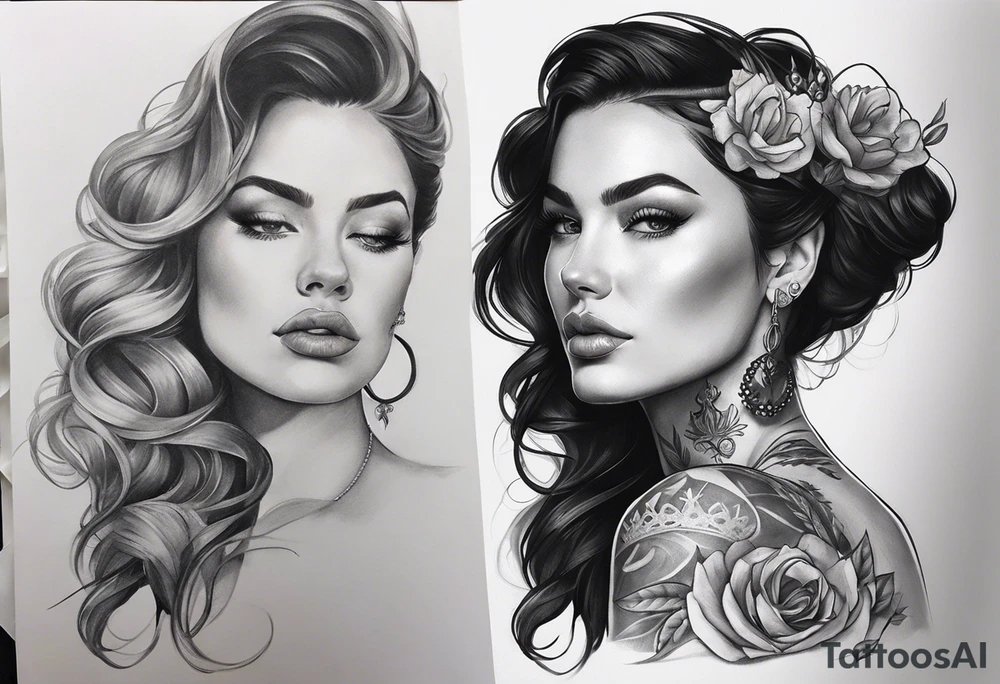 A white woman with dark hair and features. She will be posing sideways portrait style but looking head on. She needs to embody a modern queen. . And the outside of the tattoo can fade away with smoke. It’s for my outer shoulder so it’s about 20x7cm tattoo idea