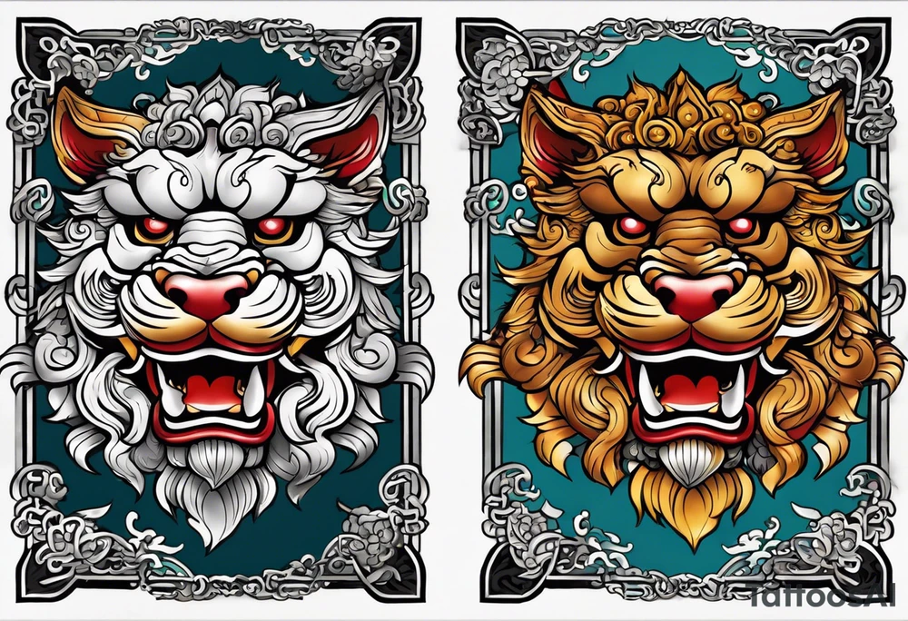 Okinawa-style pair of shisa dogs, one has an open mouth, one has a closed mouth, chest/pecs, Yakuza style, old school tattoo idea