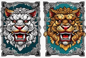 Okinawa-style pair of shisa dogs, one has an open mouth, one has a closed mouth, chest/pecs, Yakuza style, old school tattoo idea