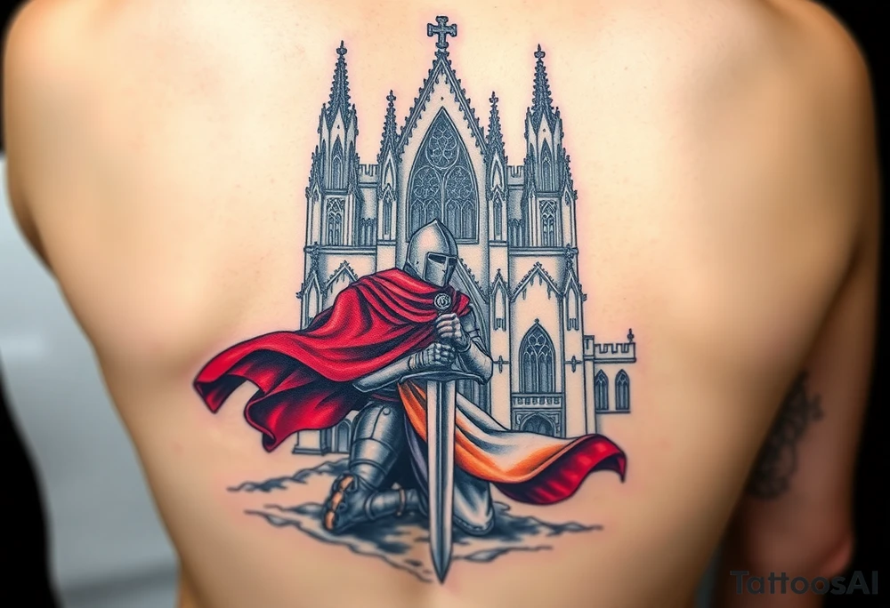 A knight kneeling before a grand Gothic cathedral, his sword planted into the ground, his white and red surcoat flowing in the wind tattoo idea