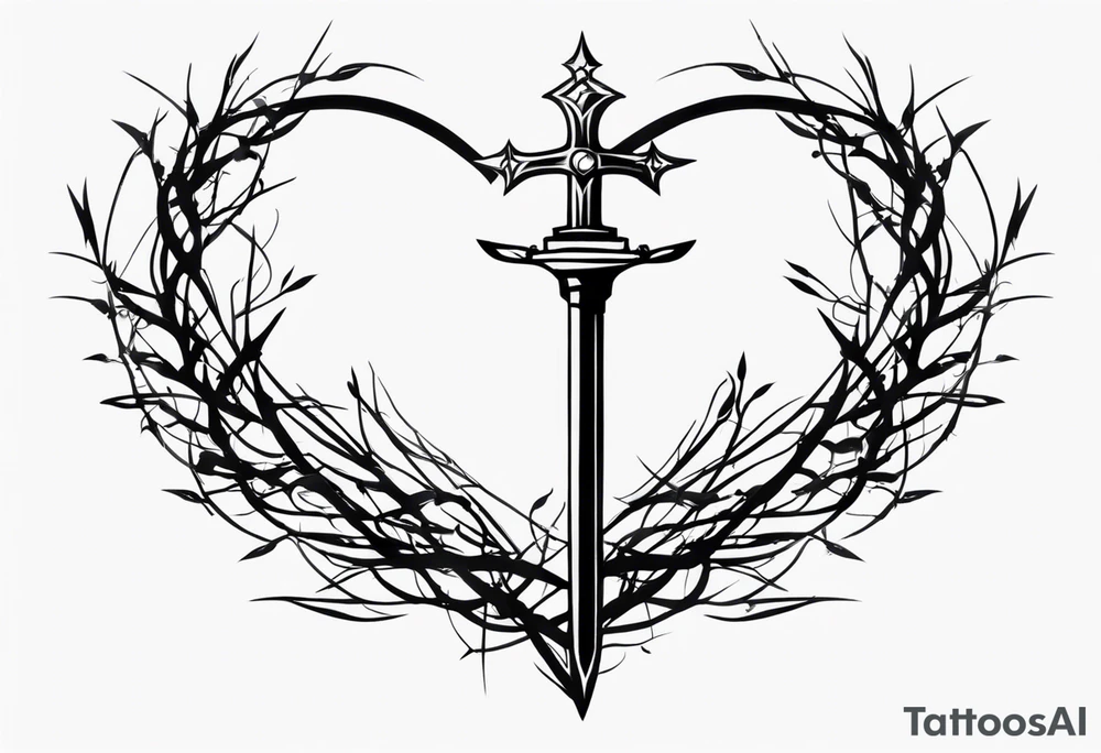 A simple design of a crown of thorns resting on the guard of a sword that is piercing a heart tattoo idea