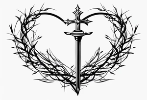 A simple design of a crown of thorns resting on the guard of a sword that is piercing a heart tattoo idea