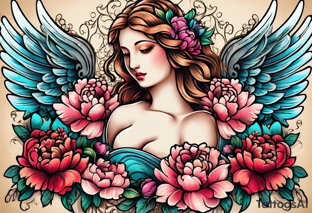 beautiful angel wings with colorful, peonies. beautiful flilligree in the background , full color, traditional old school , white background tattoo idea