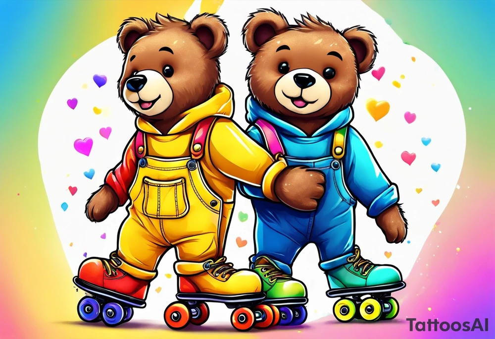 A rollerskating teddy bear in yellow overalls and rainbow skates tattoo idea