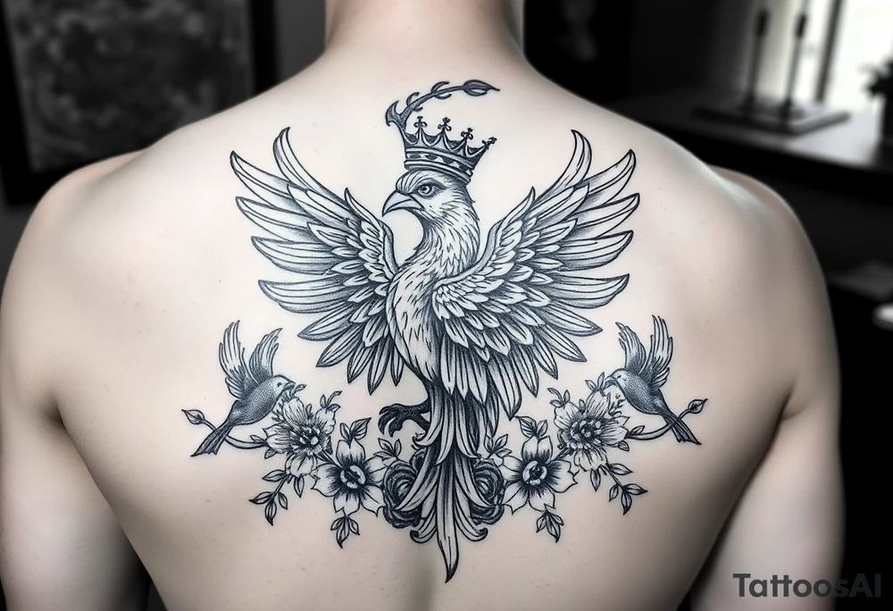 powerful majestic phenix with a crown, surrounded by floral ornaments and birds tattoo idea