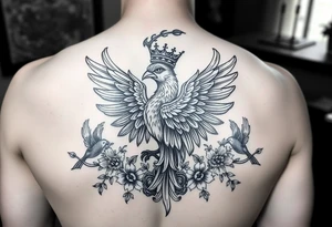 powerful majestic phenix with a crown, surrounded by floral ornaments and birds tattoo idea