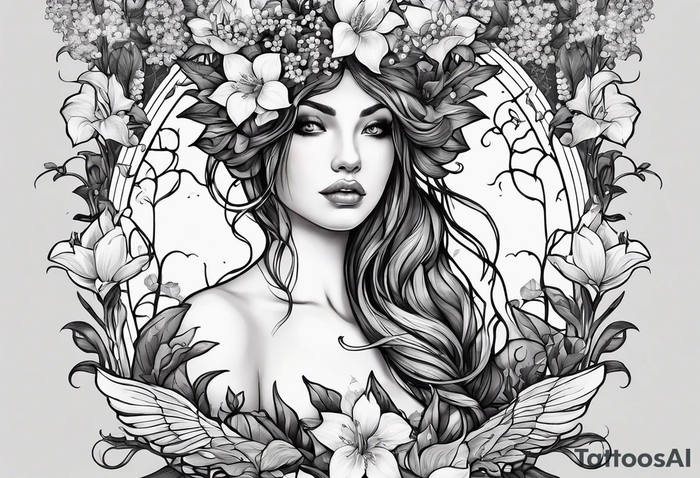 "All the Things. Everywhere." Surrounded by vines and Lilly of the Valley and Larkspur flowers tattoo idea