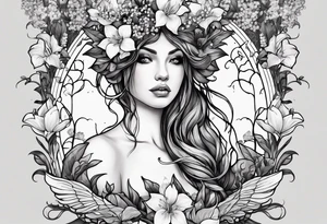 "All the Things. Everywhere." Surrounded by vines and Lilly of the Valley and Larkspur flowers tattoo idea