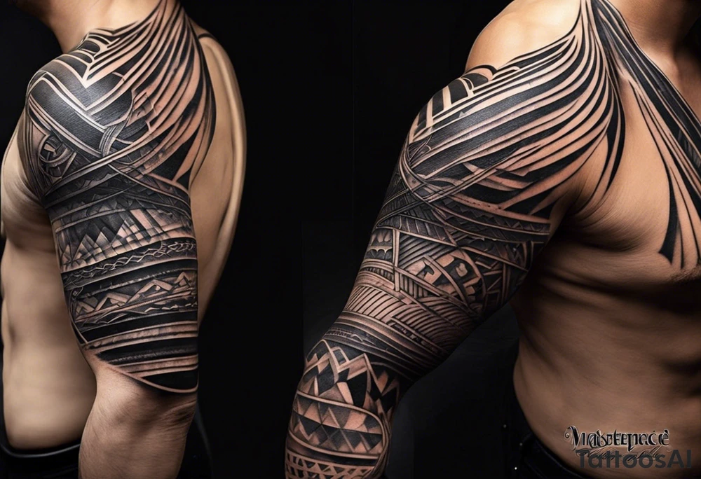 Create a full sleeve tattoo design in abstract blackout style for the right arm. The tattoo should extend from the forearm to the middle phalanges of the fingers. Incorporate a combination of thick and thin lines, alternating areas of solid black ink with sections that are empty or have less ink density. The lines should have fluid, organic shapes, creating a dynamic contrast between the dark parts and the more open areas. Ensure that the design has a natural flow that adapts to the shape of the arm and looks balanced and cohesive throughout the entire tattoo. tattoo idea