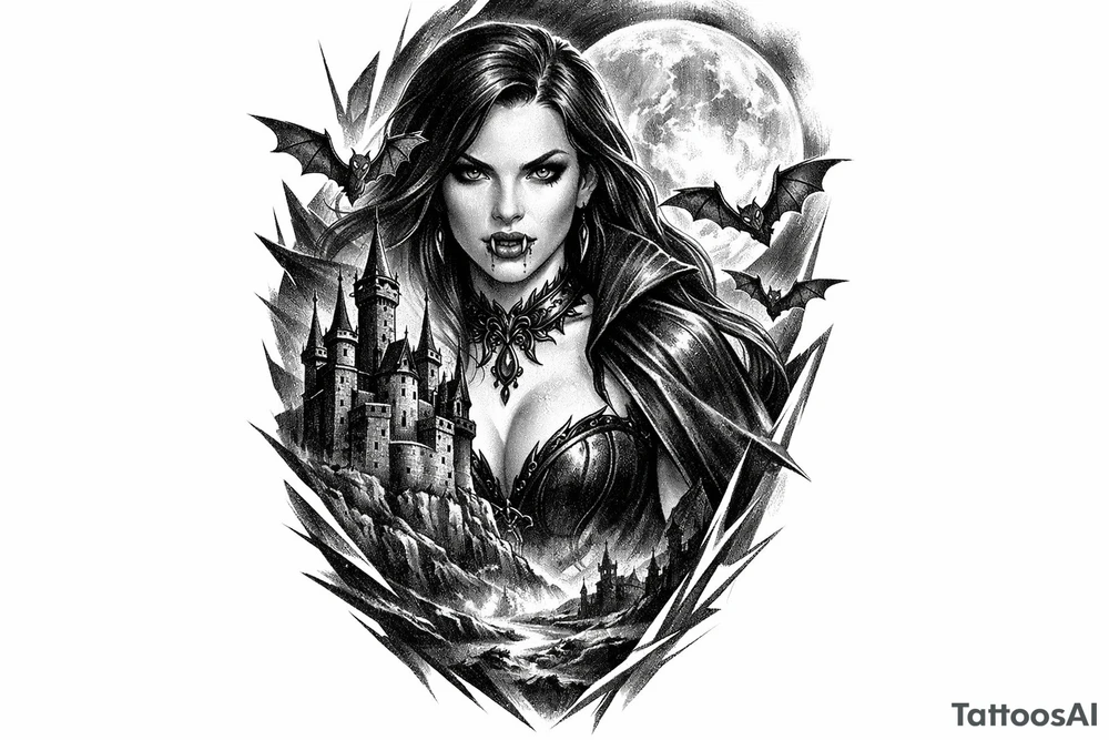 female vampire,bats,full moon,a castle. tattoo idea