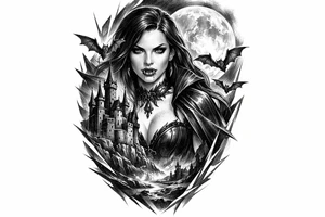 female vampire,bats,full moon,a castle. tattoo idea