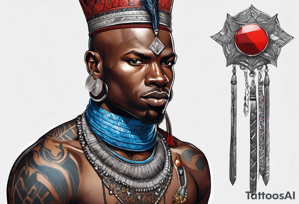 Black-skinned bald african warrior. He wears  a small silver crown. He wears two simple necklaces: one blue, other red. tattoo idea