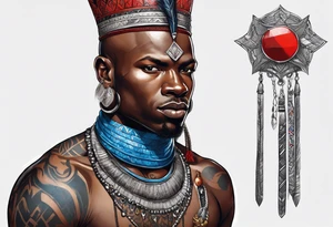 Black-skinned bald african warrior. He wears  a small silver crown. He wears two simple necklaces: one blue, other red. tattoo idea