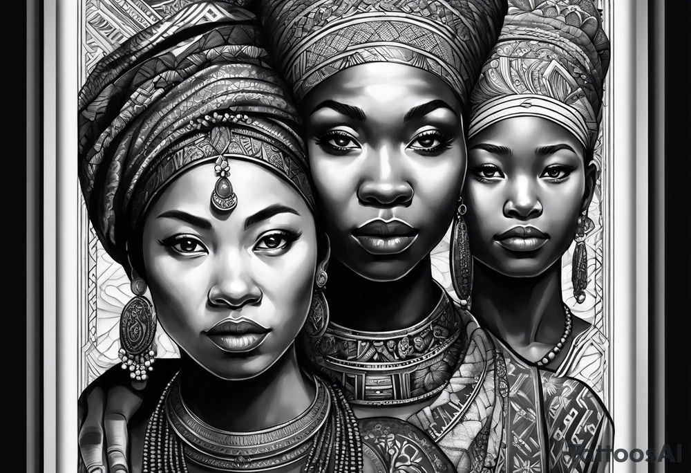 three  people side by side. a really really young african Daughter on the left, a russian mother in the middle, really really old japanes grandmother on the right. greater age difference, in an artfully decorated frame tattoo idea