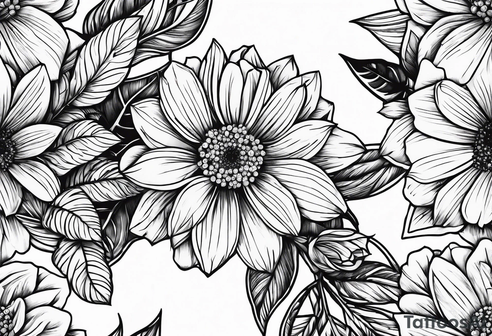 Daisy, rose, holly flower handheld 
bouquet tattoo idea