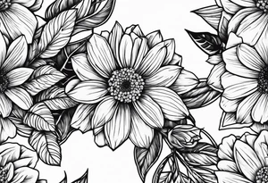 Daisy, rose, holly flower handheld 
bouquet tattoo idea