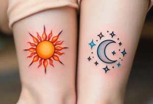 One has the sun’s fiery rays in orange and amber, and the other a crescent moon in gray and pale blue, forming a celestial cycle when side by side. tattoo idea