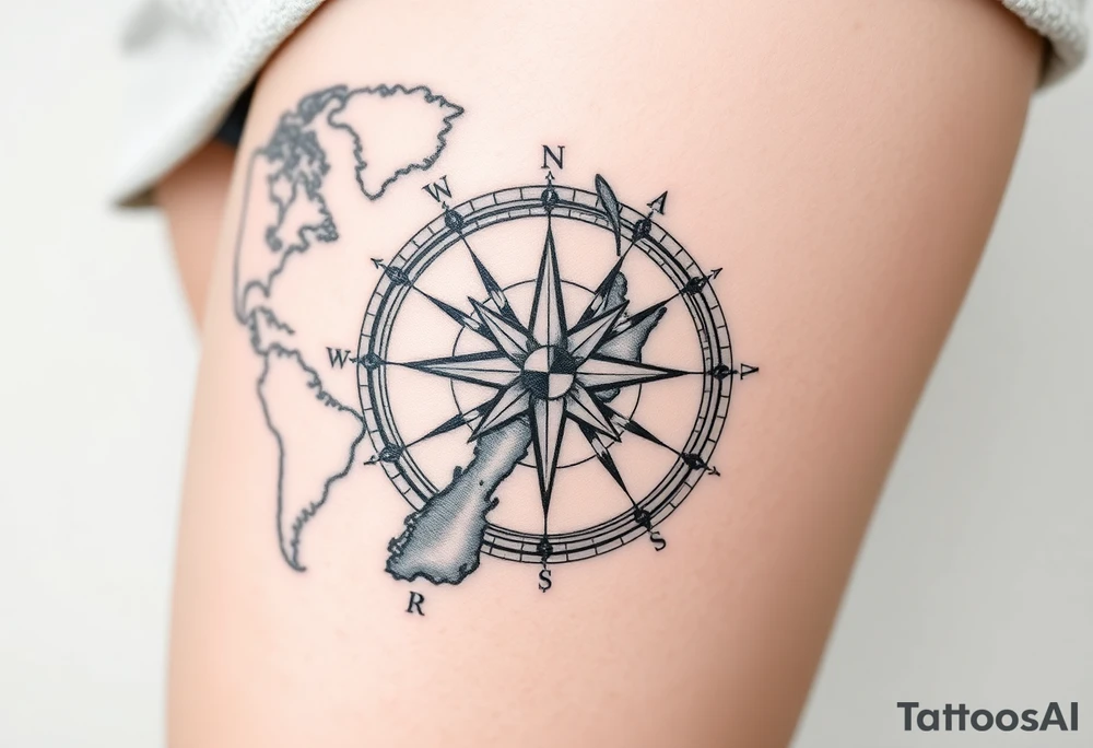 antique compass rose overlaid on weathered world map of New Zealand tattoo idea