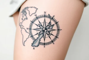 antique compass rose overlaid on weathered world map of New Zealand tattoo idea