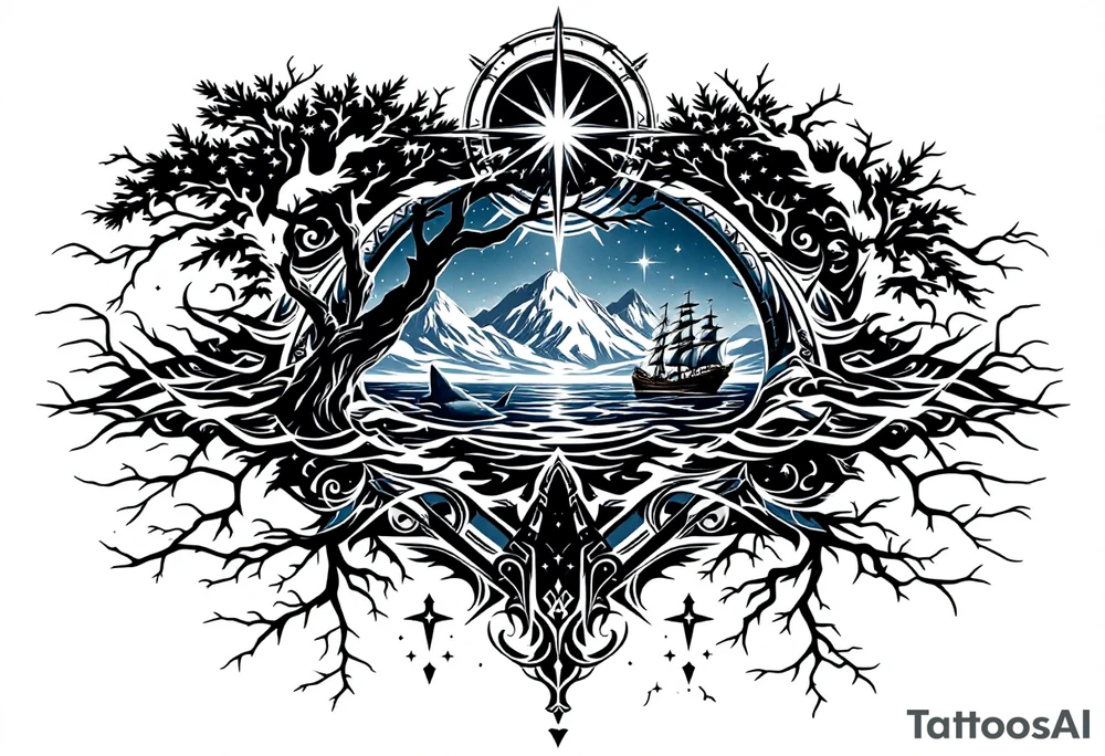 tattoo that has an acacia tree with mountains, ocean with a ship wreck with sharks and the bright northern star tattoo idea