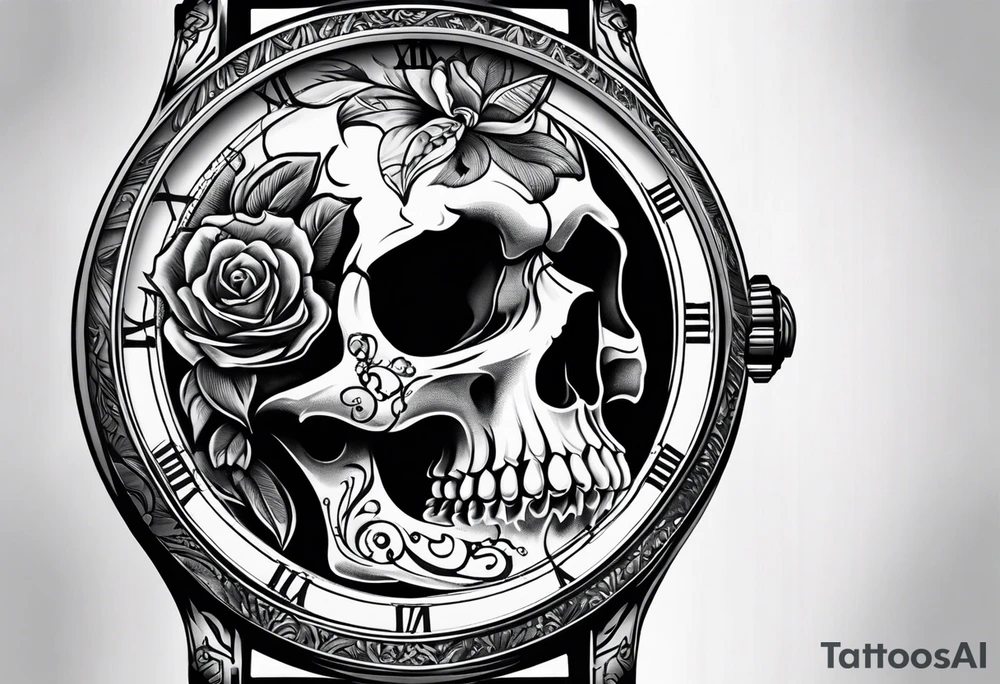 Skull in watch tattoo idea