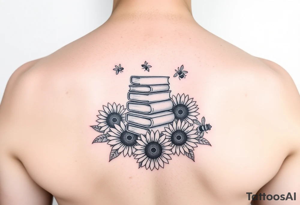A stack of books surround by sunflowers and bees tattoo idea