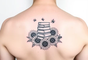 A stack of books surround by sunflowers and bees tattoo idea