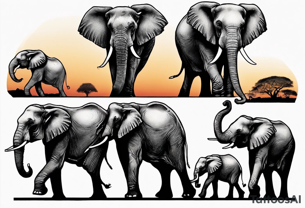 family of 6 elephants walking into sunset after one of them has died tattoo idea