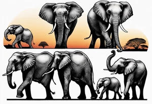 family of 6 elephants walking into sunset after one of them has died tattoo idea