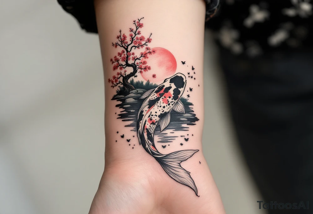 vertical piece
a koi fish swimming UP the stream in a pond moonlight by a red moon with a sakura tree by the pond tattoo idea