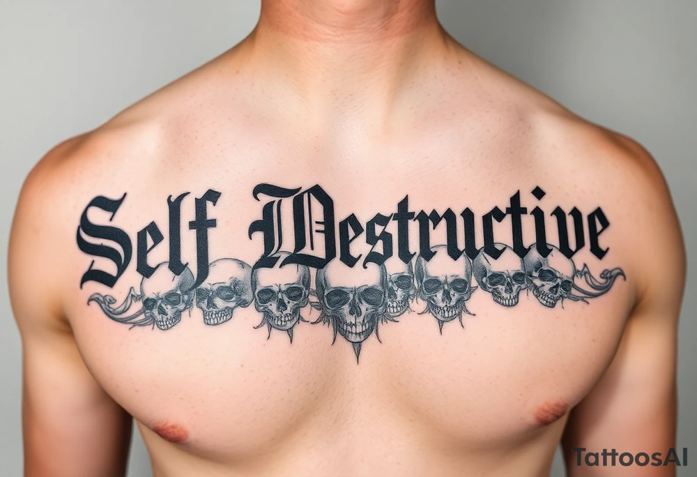 The words “Self Destructive” in a Chicano/Old English Font across the chest with negative shading and greywash skulls tattoo idea