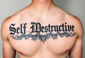 The words “Self Destructive” in a Chicano/Old English Font across the chest with negative shading and greywash skulls tattoo idea