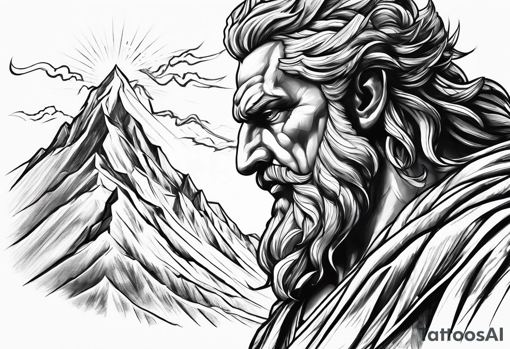Zeus showing dominance behind a mountain with lightning behind him tattoo idea