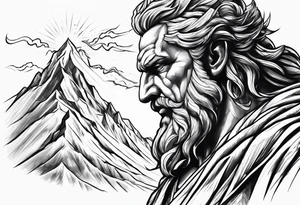 Zeus showing dominance behind a mountain with lightning behind him tattoo idea