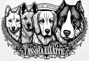 Tattoo featuring the name of each of my dogs their names are "Tasha Katie Kiera Zeke Pixie Bud Bear" tattoo idea