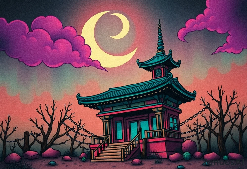 Tim Burton’s haunted pastel Tokyo shrine is abandoned and dripping with muted reds, dusty pinks, and eerie green glow.purple and cyan smokey clouds swirl in the crescent moonlit sky thats sprinkled with stars tattoo idea tattoo idea