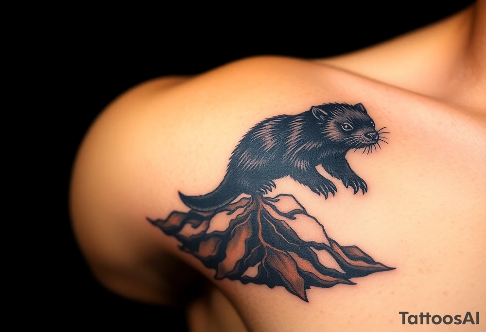 A black mole emerging from the earth, with rich brown soil textures and tiny roots, symbolizing perseverance and hidden strength tattoo idea