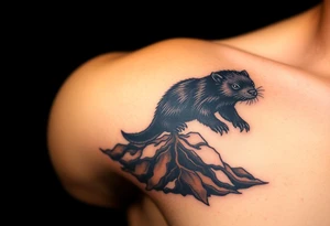 A black mole emerging from the earth, with rich brown soil textures and tiny roots, symbolizing perseverance and hidden strength tattoo idea