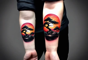 Sunset and little down bonsai trees on a forearm tattoo idea