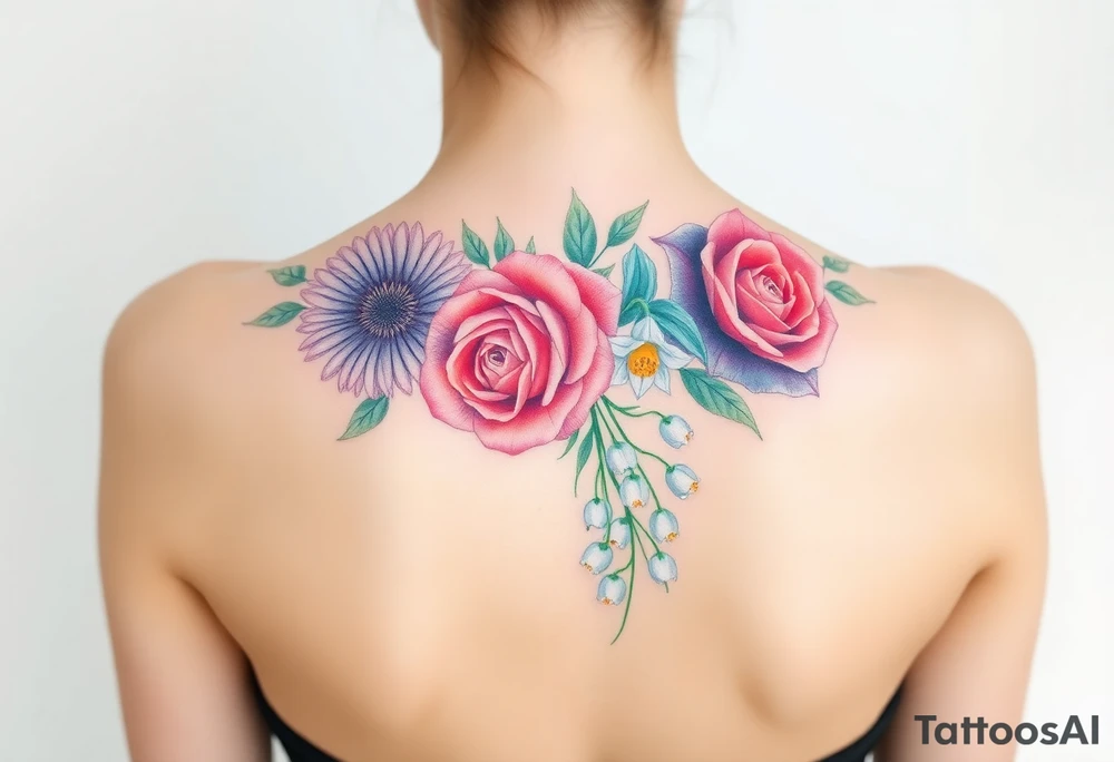 Small Bouquet of flowers starting upper middle back with stems down spine with a aster, carnation, rose, Lily of the valley, larkspur with stems Starting upper middle back to right shoulder tattoo idea