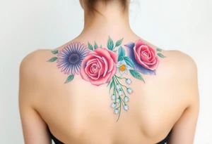 Small Bouquet of flowers starting upper middle back with stems down spine with a aster, carnation, rose, Lily of the valley, larkspur with stems Starting upper middle back to right shoulder tattoo idea