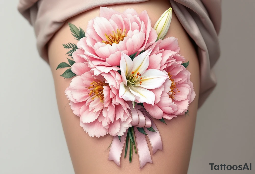 A 3D bouquet wrapped in a satin ribbon, with soft pink peonies, white lilies, and golden details, appearing fresh and lifelike. tattoo idea
