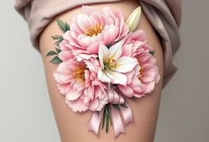 A 3D bouquet wrapped in a satin ribbon, with soft pink peonies, white lilies, and golden details, appearing fresh and lifelike. tattoo idea