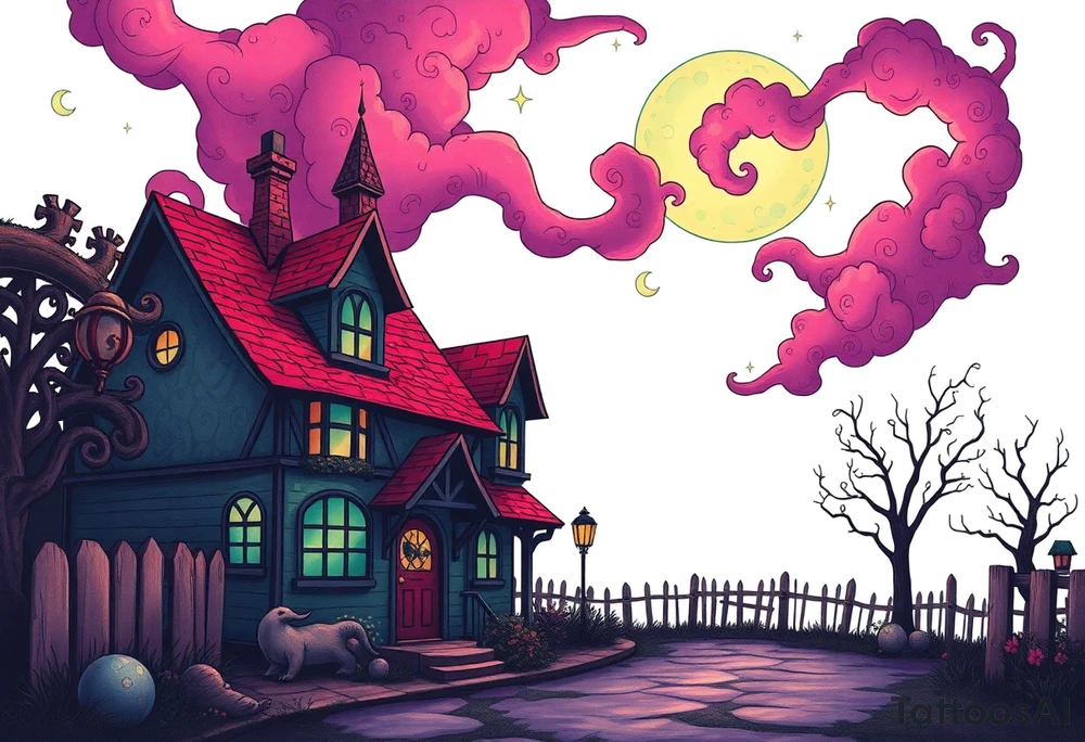 Tim Burton’s sleeping beautys cottage from outside view is the street abandoned and dripping with muted reds, dusty pinks, and eerie green glow purple and cyan smokey clouds swirl and dance in the moonlit night sky filled with twinkling stars  tattoo idea tattoo idea