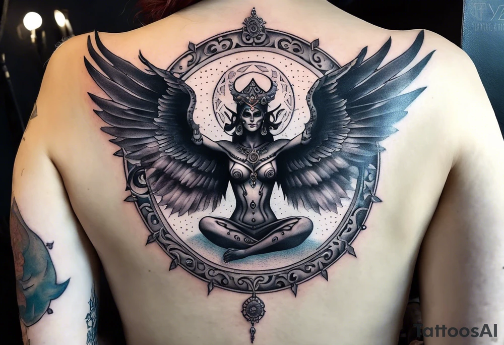 black kali, goddess pirate, alien, angel, pachamama, valkrye, warrior, flying, skull, lotus azul, wing, eagle, zenza resonance, stars, 5D, anahata chakra, death, durga, riding on a tiger, flying lady, chest tatoo tattoo idea