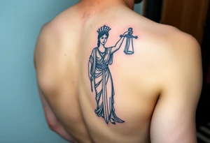 Neotraditional Lady Justice tattoo, forearm placement, vivid colors, sword facing down, regal tattoo idea