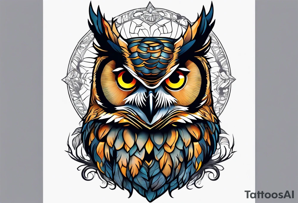 great horned owl in tree on back tattoo idea