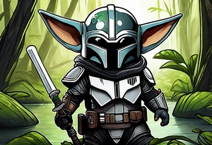 Baby Grogu wearing black mandalorian armor,  with a white lightsaber in a swamp tattoo idea