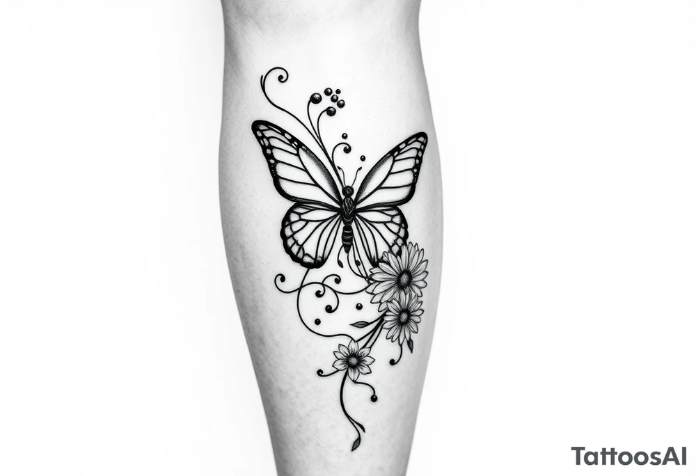 swirl pattern with butterfly and daisy leg tattoo design drawon on leg. i want to sell this in zepeto i want it too be shown on thigh to ankle and be asymmetrical please also show the overall image of total leg too 

ㅁ tattoo idea